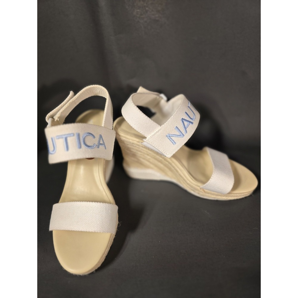 Nautica Shoes Sandals Espadrilles Open‎ Toe Wedge Logo White Strap Women's 8